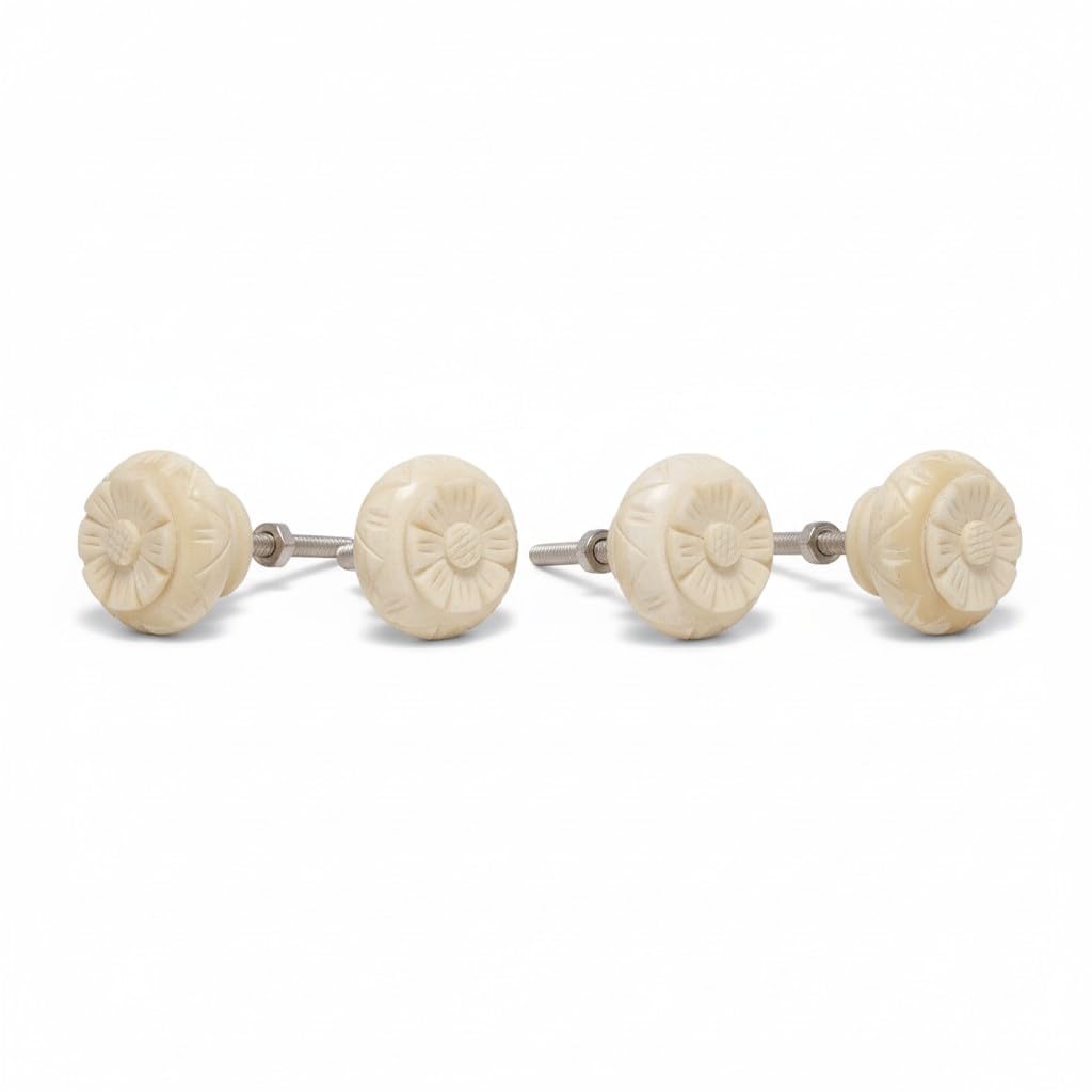 HANDTECHINDIA Handmade Bone Cabinet Knobs, Vintage Style, Decorative Hardware for Kitchen Drawer, Cupboard, Wardrobe, Rustic Home Decor (Pack of 4)