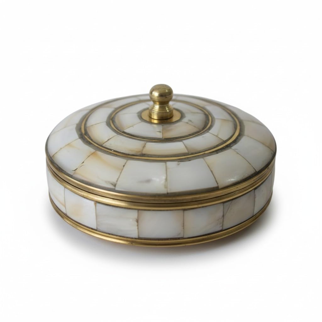 HANDTECHINDIA Round Hand Painted Decorative Jewelry Trinket Box Unique Gift for Home Decor Antique Metal Case with Mother of Pearl Sindoor/Coin/Jewelry Storage Box for Women (TYPE-1)