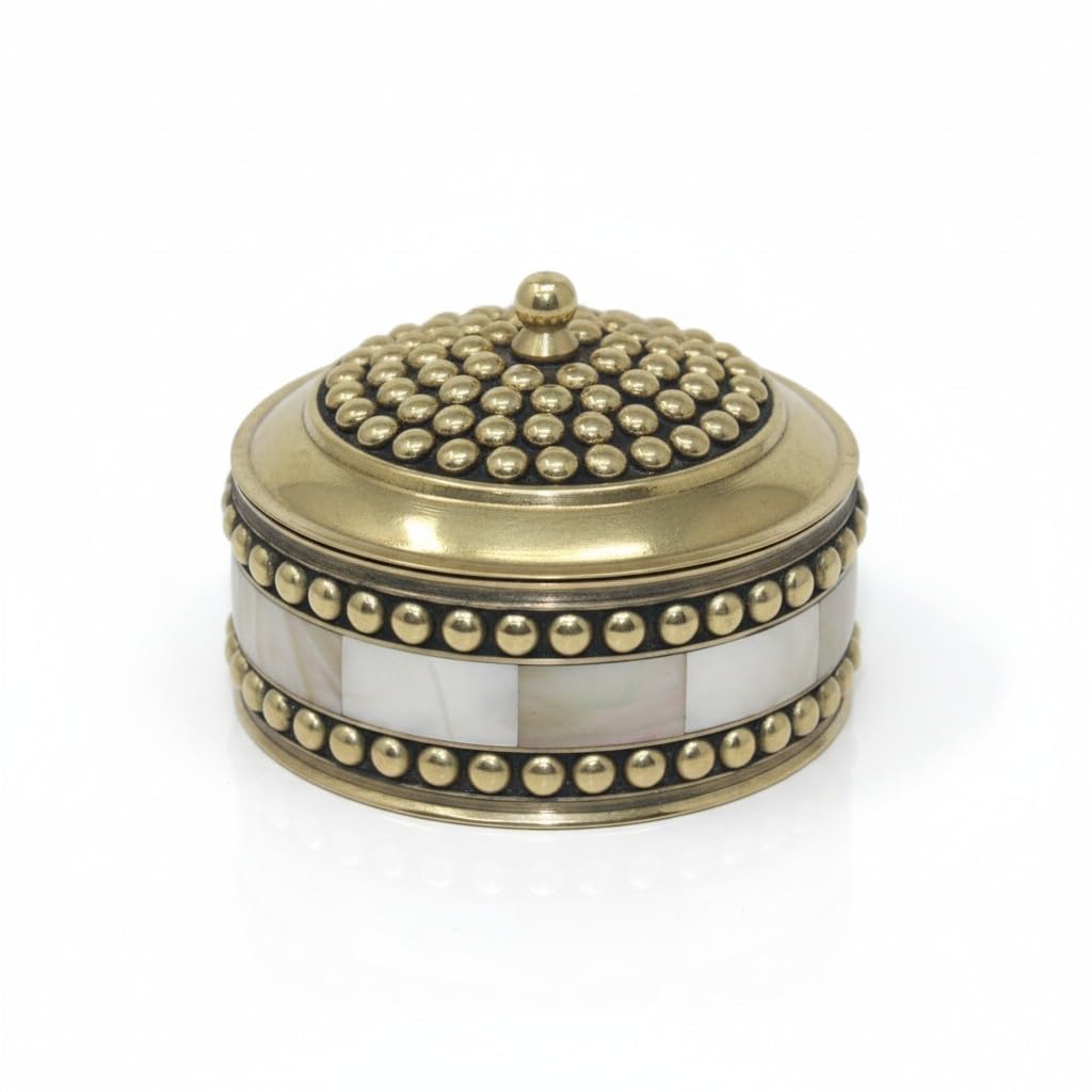 HANDTECHINDIA Round Hand Painted Decorative Jewelry Trinket Box Unique Gift for Home Decor Antique Metal Case with Mother of Pearl Sindoor Box/Coin Box for Women and Home Decor (TYPE-8)