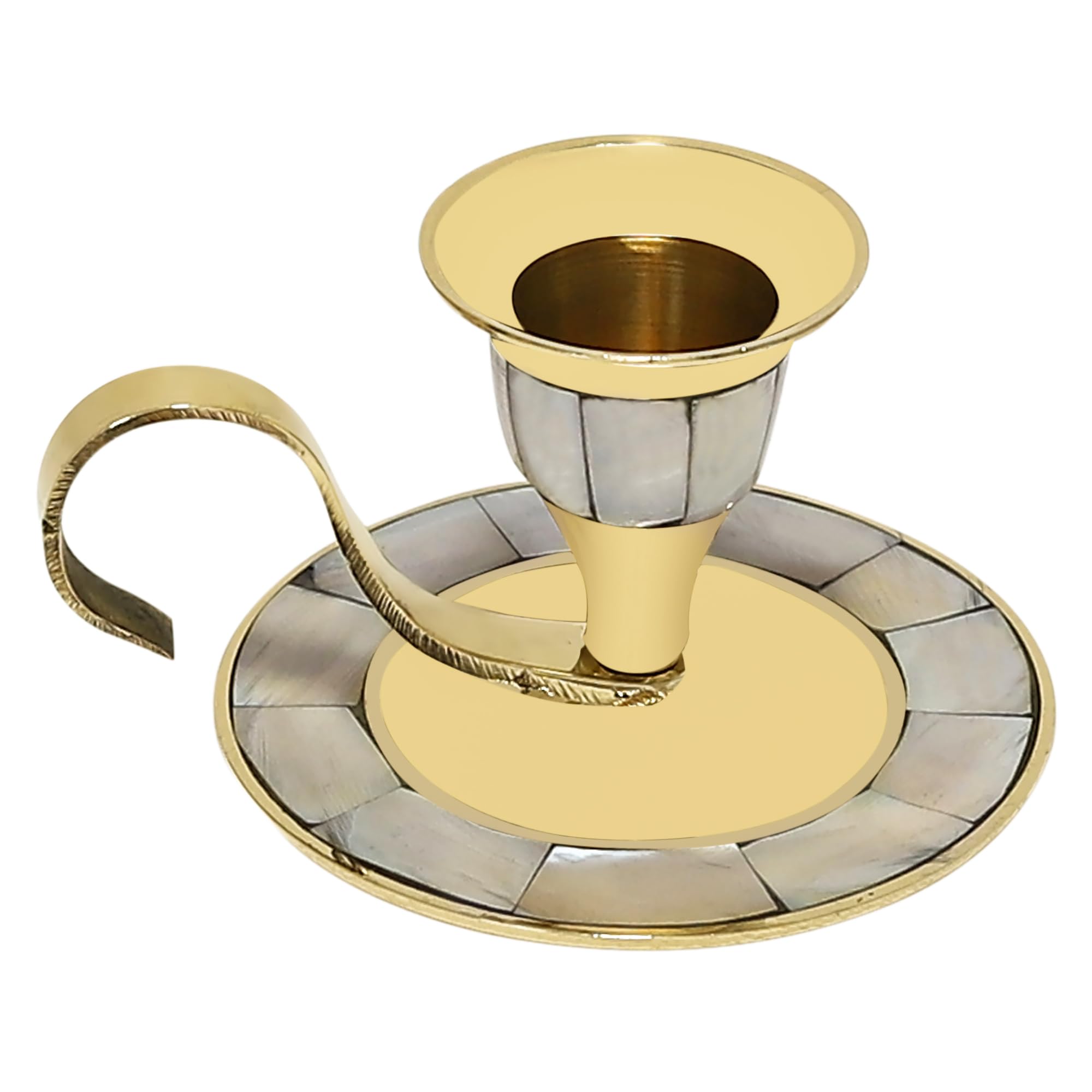 Vintage Brass Candle Holder with Handle, Mother of Pearl Inlay, Traditional Design Antique-Style Decorative Tealight Holder, Round