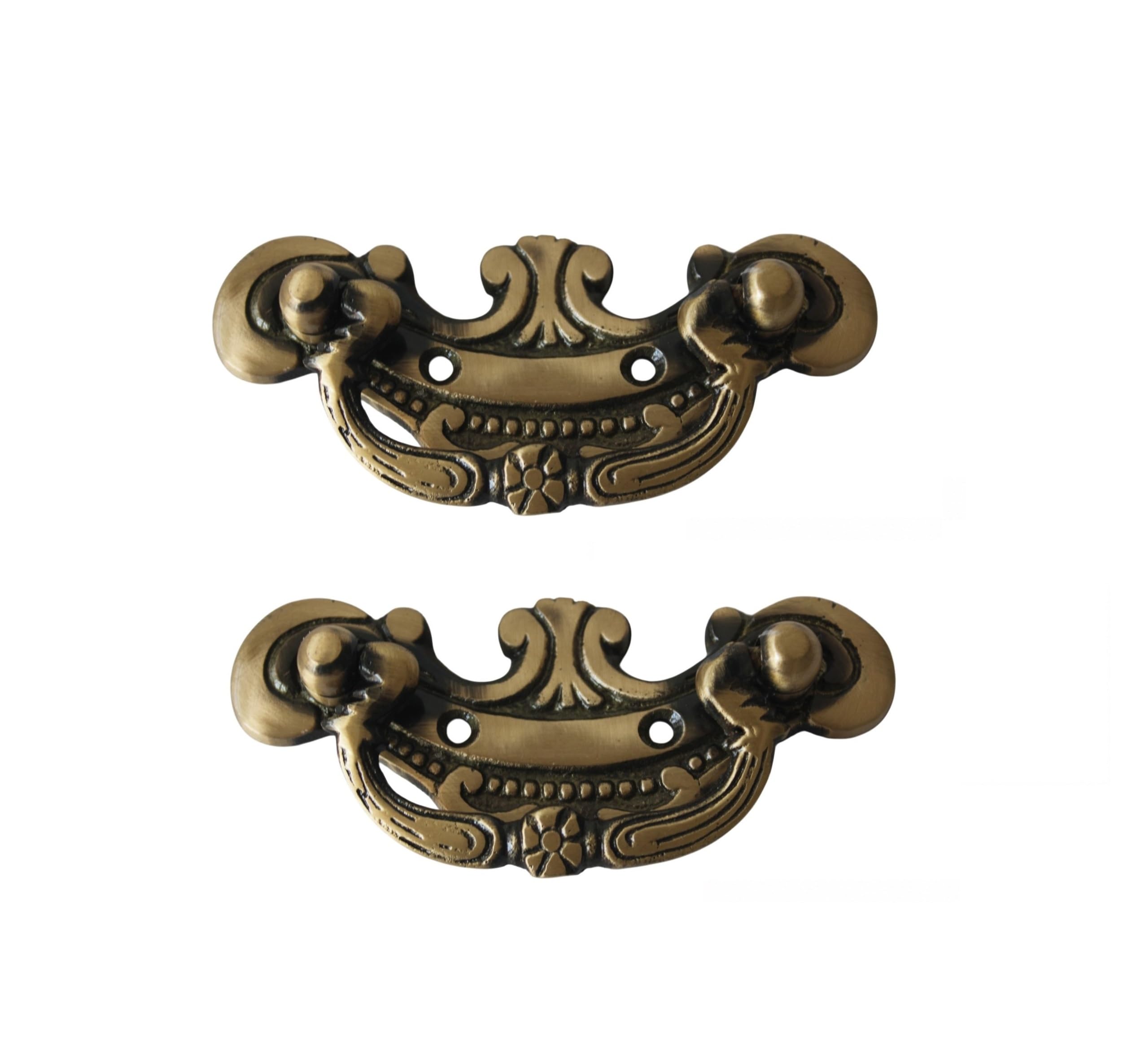 HANDTECHINDIA Antique Brass Drawer Pull Handles Set with Brass Screws Vintage Cabinet Handles Decorative Dresser Pulls for Furniture, Cupboard, Wardrobe, Desk & Chest Drawers (Type-1 Pack of 2)