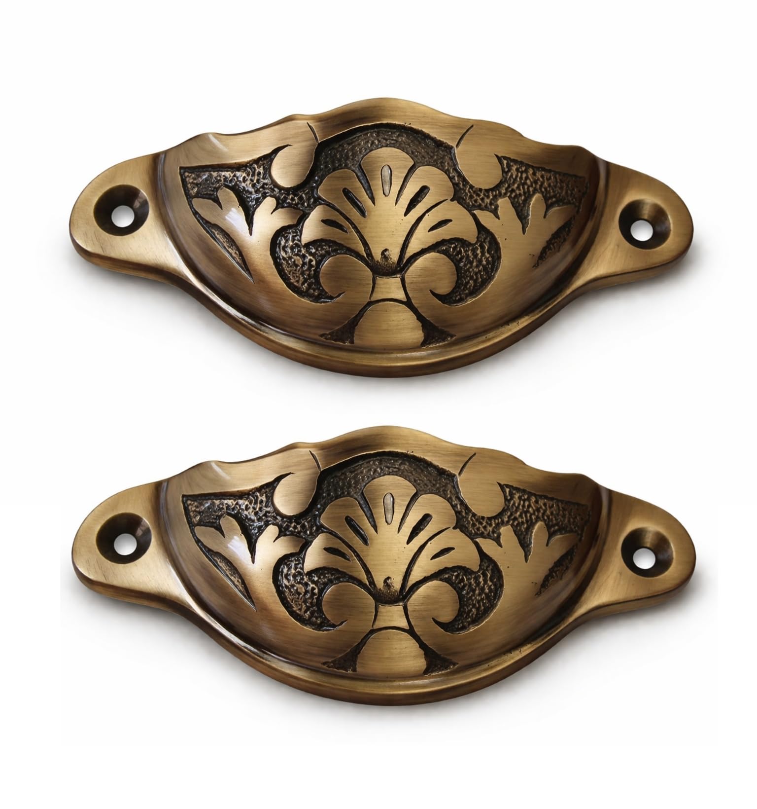 HANDTECHINDIA Antique Brass Drawer Pull Handles Set with Brass Screws Vintage Cabinet Handles Decorative Dresser Pulls for Furniture, Cupboard, Wardrobe, Desk & Chest Drawers (Type-7 Pack of 2)